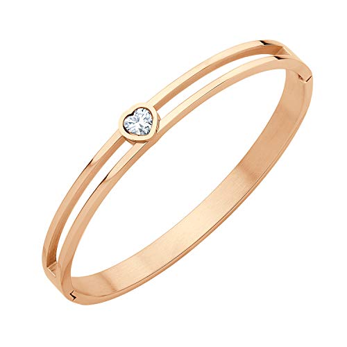 【中古】【未使用・未開封品】555Jewelry ステンレススチール ヒンジロック ハート キュービックジルコニア カフバングルブレスレット レディース