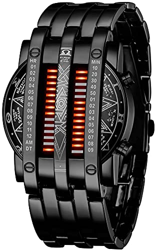 【中古】【未使用・未開封品】バイナリ マトリックス ブルー LED デジタルウォッチ メンズ クラシック クリエイティブ ファッション ブラックメッキ 腕時計, ブラックレッド,