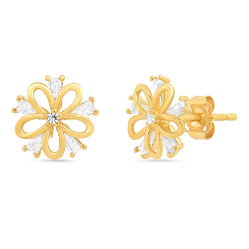 【中古】【未使用・未開封品】14K ソリッド イエローゴールド テーパード バゲット CZ フローラル スタッド イヤリング
