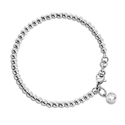 【中古】【未使用・未開封品】555Jewelry 4mm ステンレススチール キュービックジルコニア チャーム ボール ビーズ ブレスレット 女性用 7インチ シルバー