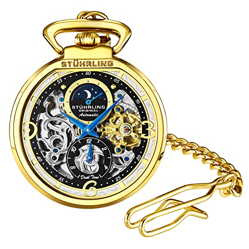 【中古】【未当て嵌める・未開封品】STUHRLING 一風変わった メンズ 袂時計 自動小銃時辰儀 スケルトンウォッチ メンズ ゴールド袂時計 三尺帯ゼムクリップとステンレススチールチェーン付き添い人