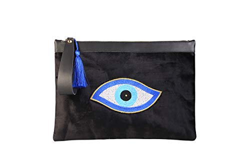 【中古】【未使用・未開封品】KarensLine ハンドメイド イーブルアイ 刺繍 ブラック ベルベット クラッチバッグ RA ビーチ サマースタイル M