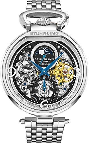 【中古】【未当てはめる・未開封品】St?hrling Original Mens Skeleton Watch Dial Automatic Watch with Calfskin Leather Band and - Dual Time, AM/PM Sun Moon (Black/Silver)
