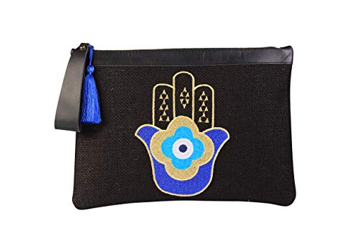 【中古】【未使用・未開封品】KarensLine ハンドメイド イービルアイ 刺繍 ブラック ジュート クラッチバッグ ハムサハンド ビーチ サマースタイル M