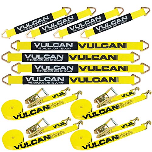 【中古】【未使用・未開封品】VULCAN 車軸ストラップ タイダウンキット ワイヤーフックラチェットストラップ付き クラシックイエロー 22インチ車軸ストラップ 4本 36インチ車|AJIMURA-SHOP