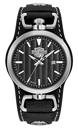 【中古】【未当て嵌める・未開封品】Harley-Davidson メンズ B\u0026S 回転させる入れもの カフウォッチ ブラックレザーストラップ 76B185