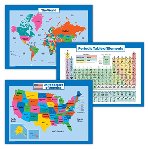【中古】【未使用・未開封品】3パック - アメリカと世界地図 子供用 & 元素周期表 ポスターセット 18\