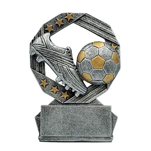 【中古】【未使用・未開封品】サッカーヘキサ星トロフィー 高さ4.75インチ シルバーとゴールドのサッカーボール賞 刻印プレート付き
