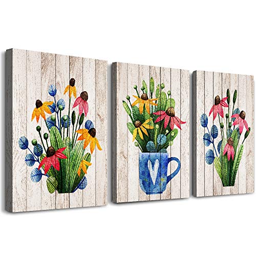 【中古】【未使用・未開封品】ビンテージ 木目 植物 花 ウォールアート キッチン 壁装飾 リビングルーム 浴室 デコレーション 部屋 壁装飾 3ピース 額入り キャンバスプリント｜AJIMURA-SHOP