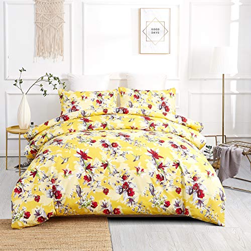 【中古】【未使用・未開封品】DaDa Bedding 輝く太陽の光 掛け布団カバー - 黄色の農家 花柄 ハチドリと枕カバー付き - 明るく鮮やかなマルチカラーの赤い花 - とても柔らかい
