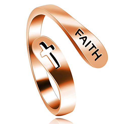 【中古】【未使用・未開封品】ウロビード925スターリングシルバーFAITHクロスアジャスタブルリング、ローズゴールドメッキホロークロスクリスチャン宗教リング女性用女の子Y53