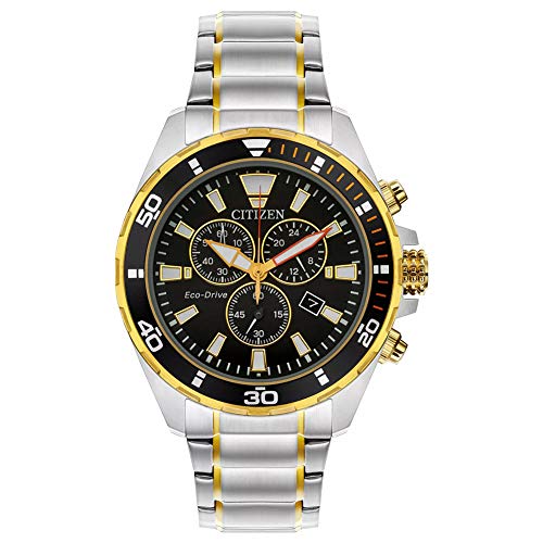 【中古】【未使用・未開封品】Citizen Eco-Drive AT2434-54E メンズ クロノグラフ ツートーン ブレスレットバンド ブラック クォーツ ダイヤル 腕時計