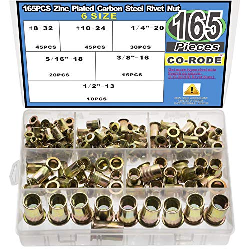 【中古】【未当て嵌める・未開封品】CO-RODE 165個 8-32、10-24、1/4in-20、5/16in-18、3/8in-16、1/2in-13UNC カーボンスチールフラットヘッドリベットナットリベ
