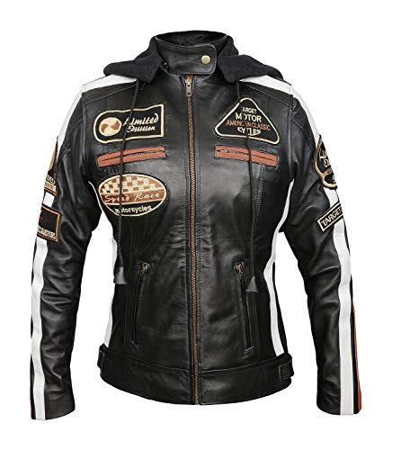 【中古】【未当て嵌める・未開封品】CHICAGO-FASHIONS レディース レトロ バイカーバッジ ロゴタイプ表現スタイル オートバイレザージャケット 取りはらい能力のあるなボンネット付き添い人, 黒いこと, Small