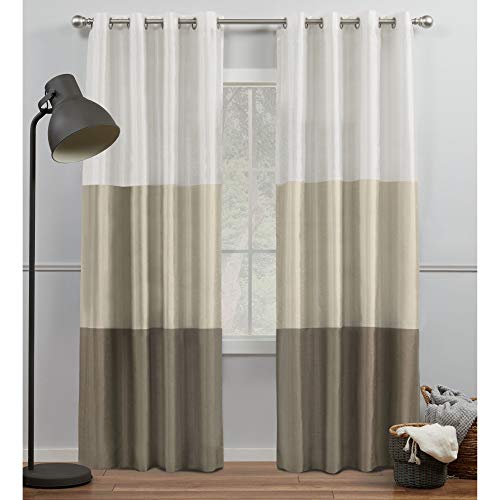 【中古】【未使用・未開封品】Exclusive Home Curtains シャトーストライプフェイクシルクグロメットトップカーテンパネルペア 54x84インチ ホワイト/サンド|AJIMURA-SHOP