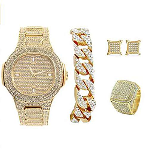 【中古】【未使用・未開封品】Blinged Out 腕時計チャレンジ- 究極のゴールドアイスアウト長方形ヒップホップウォッチキューバブレスレット、パヴェイヤリング、メンズブリン