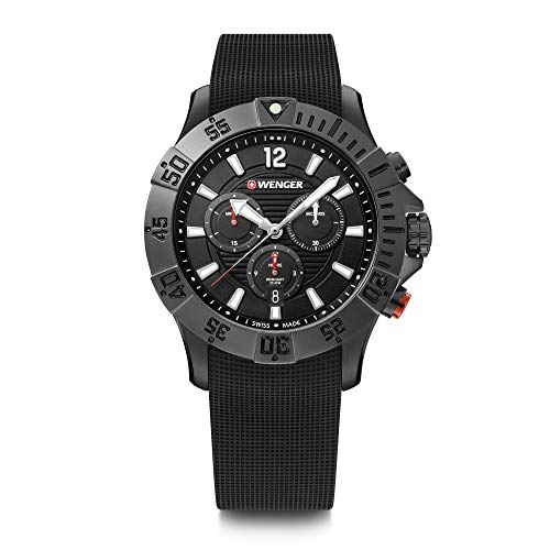 【中古】【未当て嵌める・未開封品】Wenger Seaforce ウオッチ 黒いこと文字盤 ブラックラバーストラップ