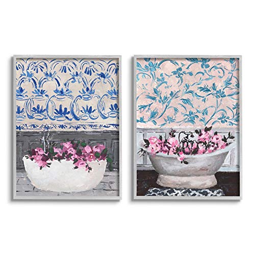【中古】【未使用・未開封品】Stupell Industries バスルームに入った花 ピンク ブルー インテリアデザイン Melissa Wang ウォールアート 2ピース 2pc, each 16 x 20 a2-020_g