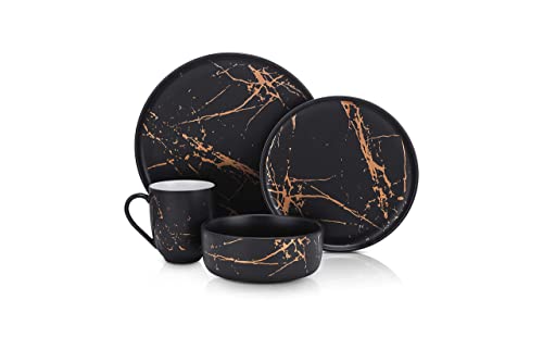 【中古】【未使用・未開封品】Stone Lain モダンゴールドスプラッシュ 絶妙な高級チャイナ食器セット 32ピース 8人用 ブラック\u0026ゴールド