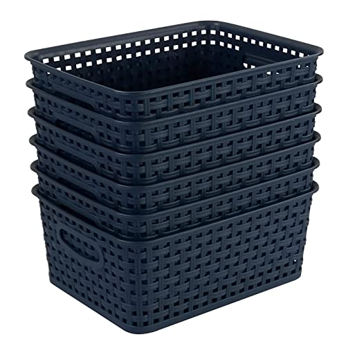 【中古】【未使用・未開封品】Ucake プラスチック収納 編みフラットボトムバスケット ホワイト ネイビーブルー 10インチ x 7.6インチ x 4.1インチ 6個パック