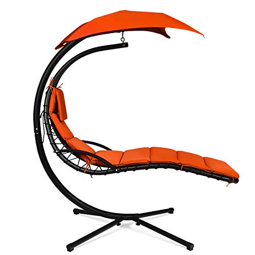 【中古】【未当てはめる・未開封品】Giantex ハンギングシェーズラウンジチェア 円弧照明ランプ ポーチスイングチェア キャノピー付き添い人 座蒲団内蔵枕 アウトドア独立独歩律動的な調子ハン