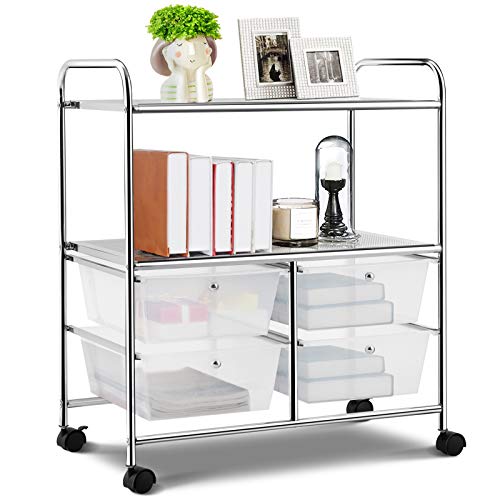 【中古】【未使用・未開封品】RELAX4LIFE ストレージカート 引き出し4個 車輪と棚2個付き 安定したスチールフレーム クラフトカート オフィス ホーム メイクアップストレージ
