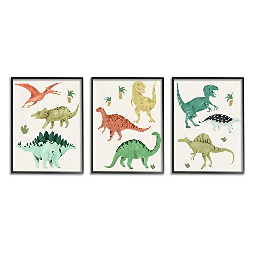 【中古】【未使用・未開封品】Stupell Industries シンプルな恐竜イラスト カラフルな爬虫類壁アート 3ピース 各11 x 14インチ ベージュ
