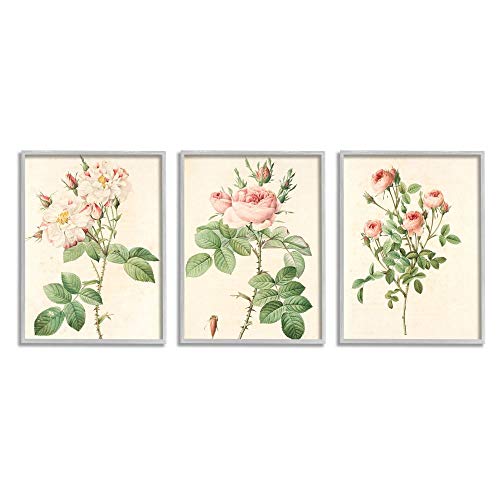 【中古】【未当て嵌める・未開封品】Stupell Industries ヴィンテージピンクローズイラスト 花の茎 壁美術 3天下太平 各11 x 14in ベージュ