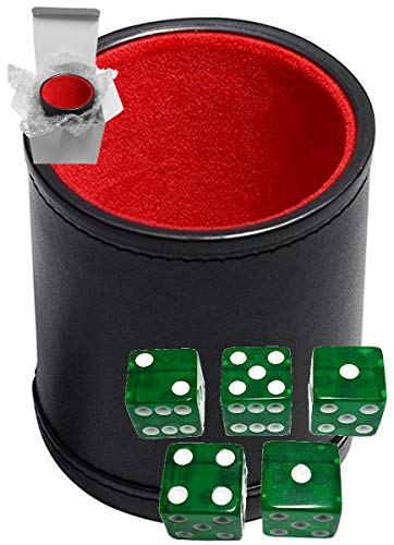 【中古】【未使用・未開封品】Cyber-Deals ダイスカップ ブラック PUレザー プラッシュレッドフェルト裏地 + (5) 16mm 透明サイコロ (ギフトボックス入り) グリーン