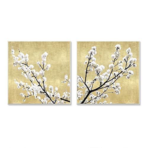 【中古】【未使用・未開封品】Stupell Industries ケイト・ベネット作 白い桜の枝 ニュートラルな黄褐色の木製アート 壁飾り額 2枚 各12 x 12インチ