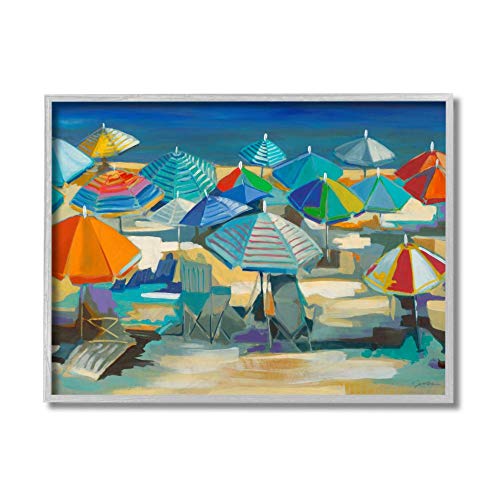 【中古】【未使用・未開封品】Stupell Industries カラフルなビーチ傘 風景 航海 ディープブルー サードグレー フレーム付きウォールアート 16 x 20