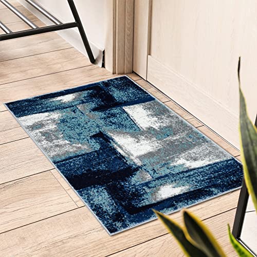 【中古】【未使用・未開封品】LUXE WEAVERS ラグ - Lagos Collection 7558 モダンアブストラクト - 汚れ防止エリアラグ / ネイビー 2フィート x 3フィート