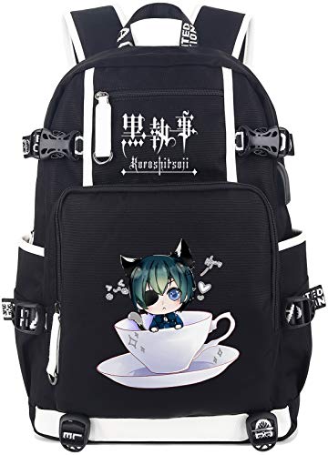 【中古】【未使用・未開封品】Roffatide アニメ バックパック ブックバッグ ノートパソコン スクールバッグ USB充電ポートとヘッドホンポート付き, クラシック, ブラックバト