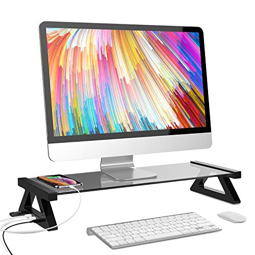 【中古】【未使用・未開封品】モニタースタンドライザー ガラスモニターライザー クイックチャージ 高速転送データデスクオーガナイザー キーボード&マウスストレージ コンピ