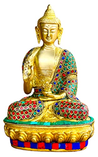 【中古】【未使用・未開封品】QT S 仏像真鍮ストーン仕上げ 仏陀 祈る像 ダルマチャクラ 釈迦牟尼 置物 アンティーク 仏陀 瞑想 ネパール仏陀 彫刻 光沢 - 199