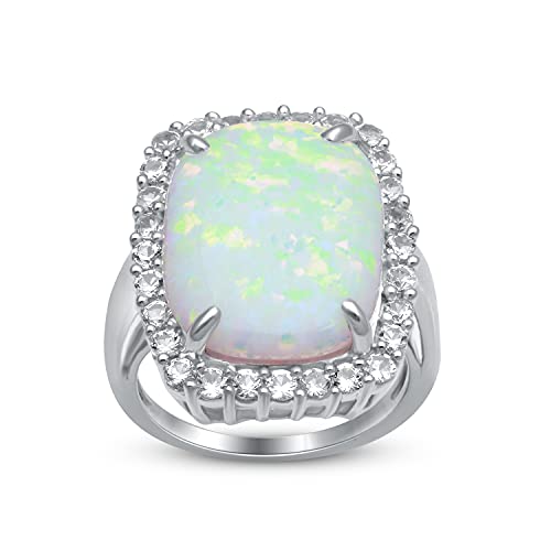 【中古】【未使用・未開封品】Jewelili クッションシェイプ 人工オパールと人工ホワイトサファイア ハローリング レディース スターリングシルバー サイズ6 10月誕生石リング