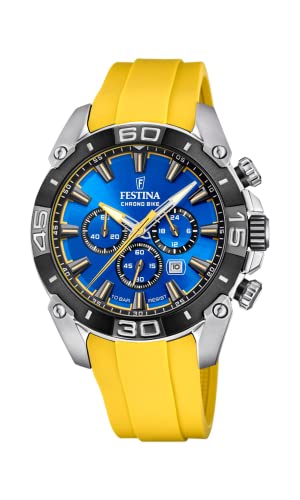 【中古】【未当て嵌める・未開封品】Festina Chronobike 2021 青碧文字盤 イエローシリコンストラップ F20544/4, 青碧, クロノグラフ。