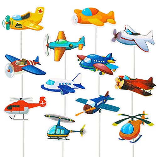 【中古】【未使用・未開封品】飛行機 バースデーパーティーデコレーション 飛行機 航空機 グリッター カップケーキトッパー 子供用 飛行機テーマ パーティー ベビーシャワー