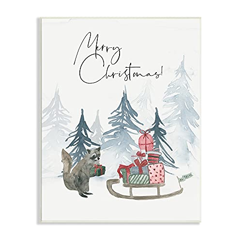 【中古】【未使用・未開封品】Stupell Industries メリークリスマス フレーズ 愛らしいアライグマ フォレスト プレゼント そり Lucille Price Wall Plaque によるデザイン 13｜AJIMURA-SHOP