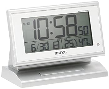 【中古】【未使用未開封】セイコー クロック 目覚まし時計 自動点灯 電波 デジタル カレンダー 温度 湿度 表示 夜でも見える 銀色 メタリック SQ768S SEIKO