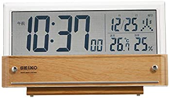 【中古】セイコー クロック 置き時計 電波 デジタル カレンダー 温度 湿度 表示 薄茶 木目 模様 SQ782B SEIKO