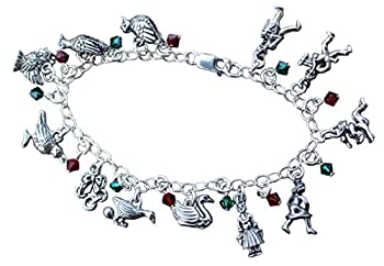 中古 輸入品 未使用 Night Owl Jewelry クリスマス12日目ピューターチャームブレスレット スターリングシルバーチェーン レッド グリーンクリスタル レッド Filmsdeculfrancais Com