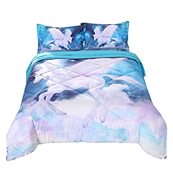 中古 輸入品 未使用 Wowelife ユニコーン 掛け布団セット ツイン 5ピース 女の子 寝具セット ユニコーングリーン ベッドスプレッド 掛け布団付き フラットシーツ ボ Arganita Tn