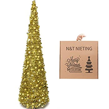 中古 輸入品 未使用 N T Nieting クリスマスツリー 6フィート 折りたたみ式 ポップアップ ゴールド ティンセル クリスマスツリー 海岸 クリスマスツリー ホリデーク Ambersteak House