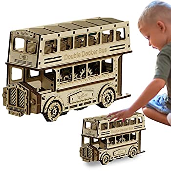 【中古】2 Pcs 3D木造玩具 - 2階建てバスモデル頭の体操パズル,大人と十代の若者たちのための自動車建築モデルのクリスマスの誕生日プレゼント Generic