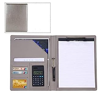 【中古】クリップボード A4 二つ折り PUレザー 多機能フォルダー バインダー スマホスタンド内蔵 メモ帳付属 電卓付き (Color : Gray)