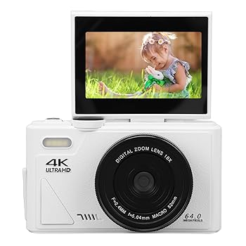 【中古】4K デジタル写真機 64MP UHD 18X 望遠レンズ オート興味の中心 コンパクトカメラ フリップ映写幕付き添い人 (白)
