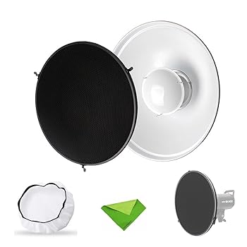 【中古】Godox 16.5インチ/42cm ホワイトビューティーディッシュリフレクター、ハニカムとホワイトディフューザー付き、Bowensマウントスタジオストロボ|AJIMURA-SHOP