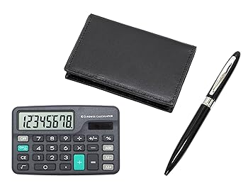 【中古】ミニ電卓付 再生牛革4ポケット名刺入 ラスティングピース金属回転式ボールペンセット 黒 T23-D-LS030B-TK23-B|AJIMURA-SHOP