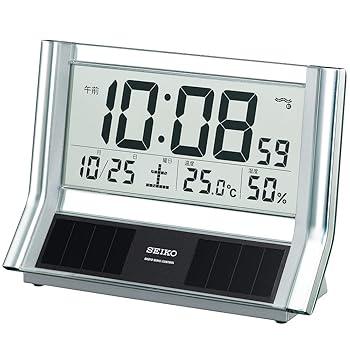 【中古】セイコー クロック 置き時計 ハイブリッドソーラー 電波 デジタル カレンダー 温度 湿度 表示 銀色 メタリック SQ690S SEIKO